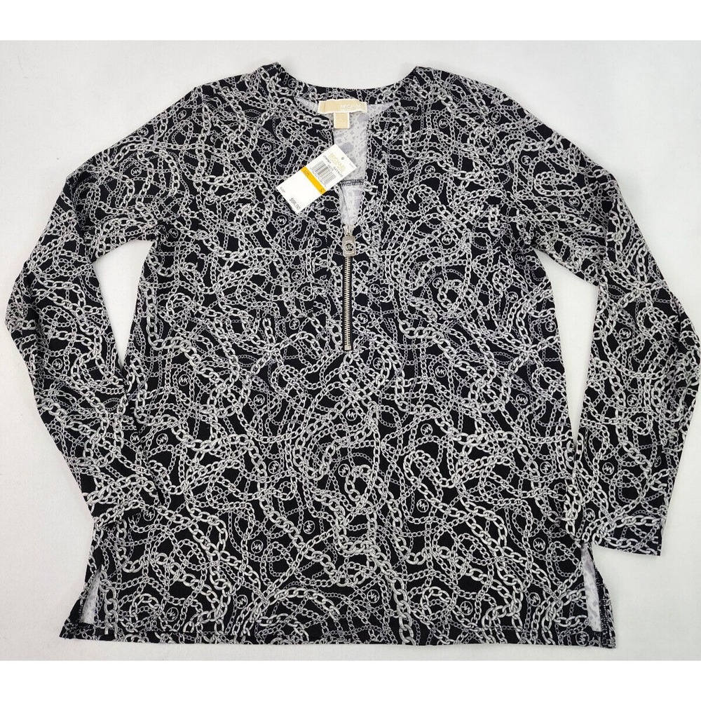 Michael Kors Women Black Silver Chain Print Zip Front Blouse QF250IS85V Small